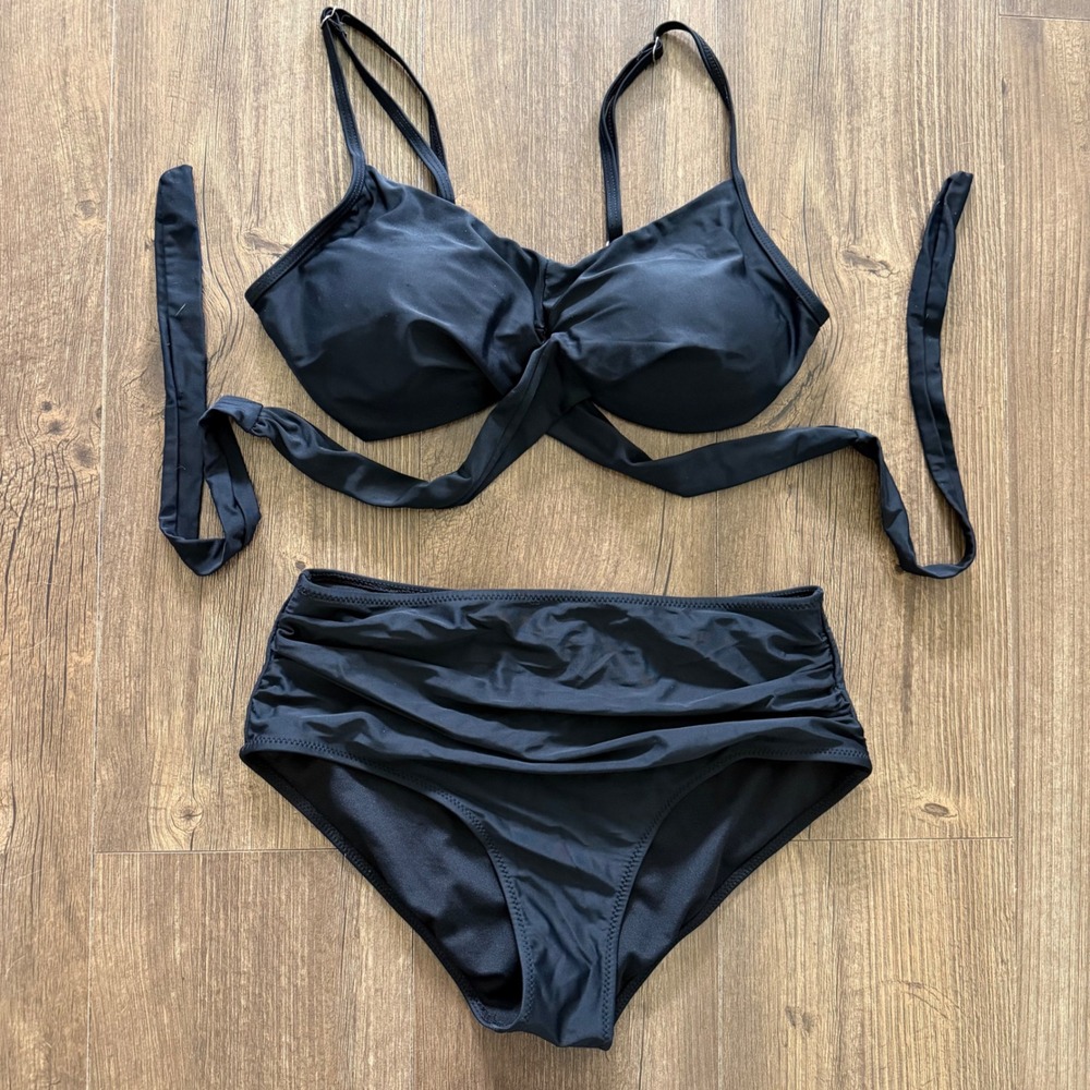 Bikini Set Black Twist Front Wrap High Waisted Ruched Womens Size L